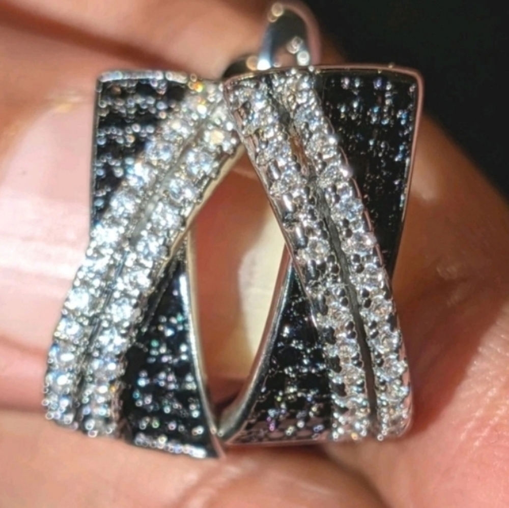 Lab Created Black Diamond Cluster Crossover Hoop Earrings 14k White Gold Plated - Picture 10 of 16